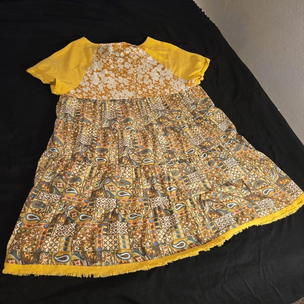 Umgee Dress Womens Large‎ Yellow Patchwork Boho Trapeze Short Sleeve Fringe Hem